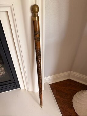 Vintage Hand Carved Wooden Golden Shark Pool Cue Walking Stick Brass Accents
